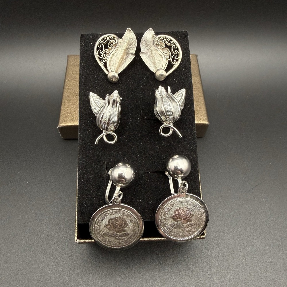 Vintage Silver Tone Flower Leaf Clip On Earrings Lot 3 Textured Minimalist Boho